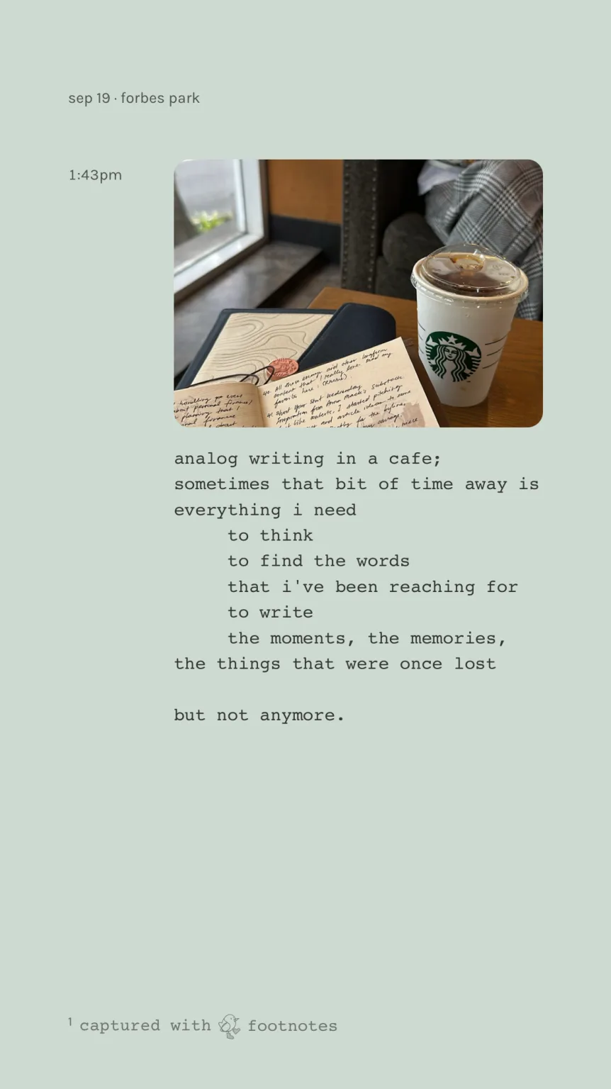 A shared note about analog writing in a cafe, with a photograph of a journal and coffee.