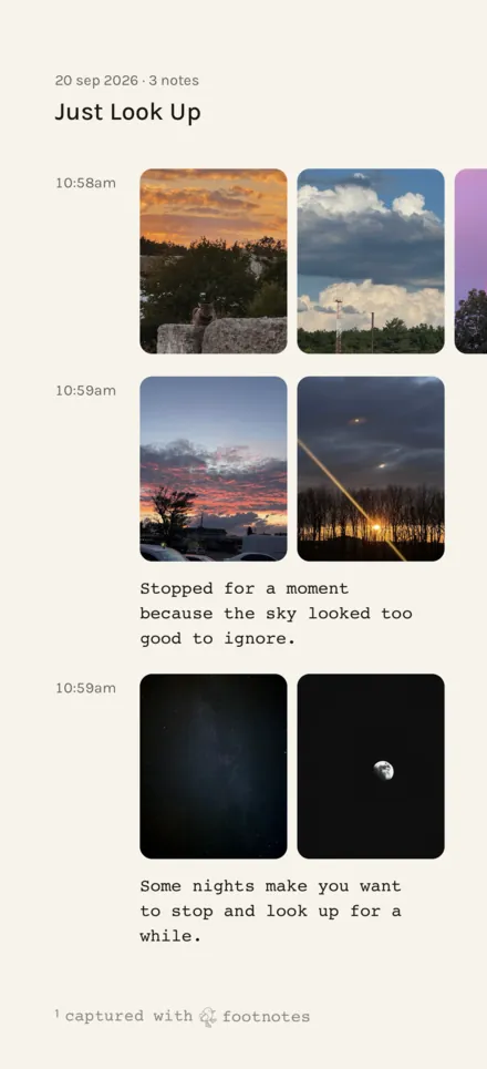 A shared note called Just Look Up: sunsets, clouds, the moon and a night sky.