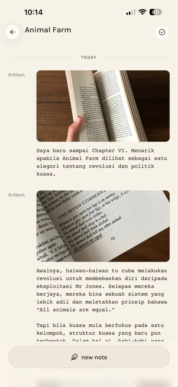A shared Animal Farm note with photographs of the book and reflections on revolution and equality.