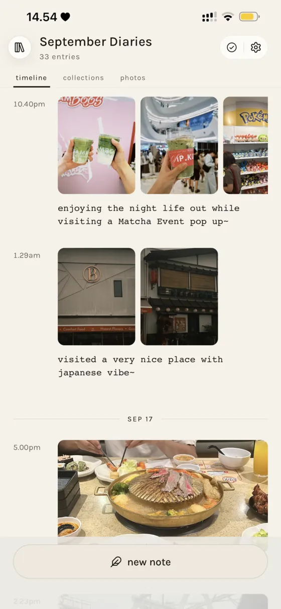 A shared notebook called September Diaries: matcha at a pop-up, a shopfront at night, a hotpot shared at a table.