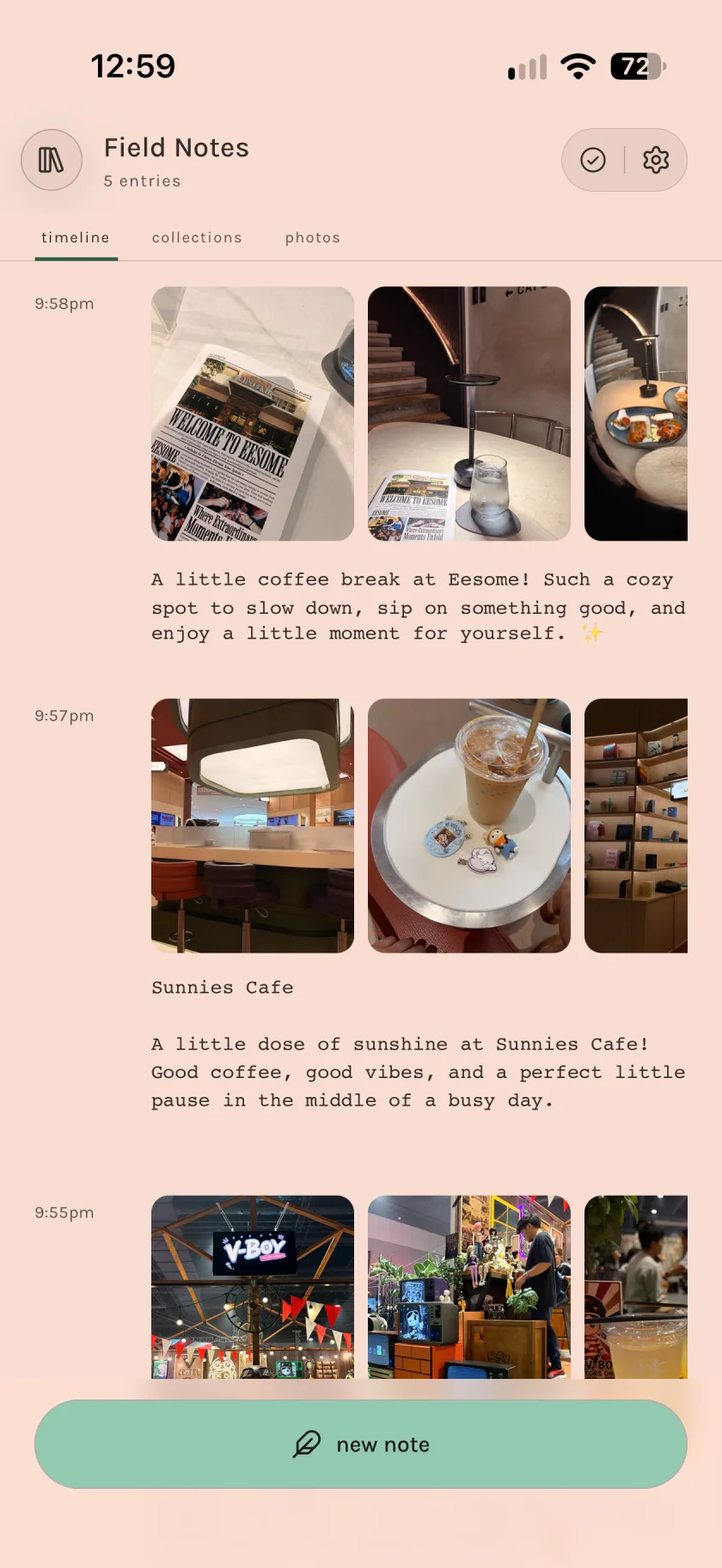 A shared Footnotes timeline collecting visits to coffee shops, with photographs and short memories.
