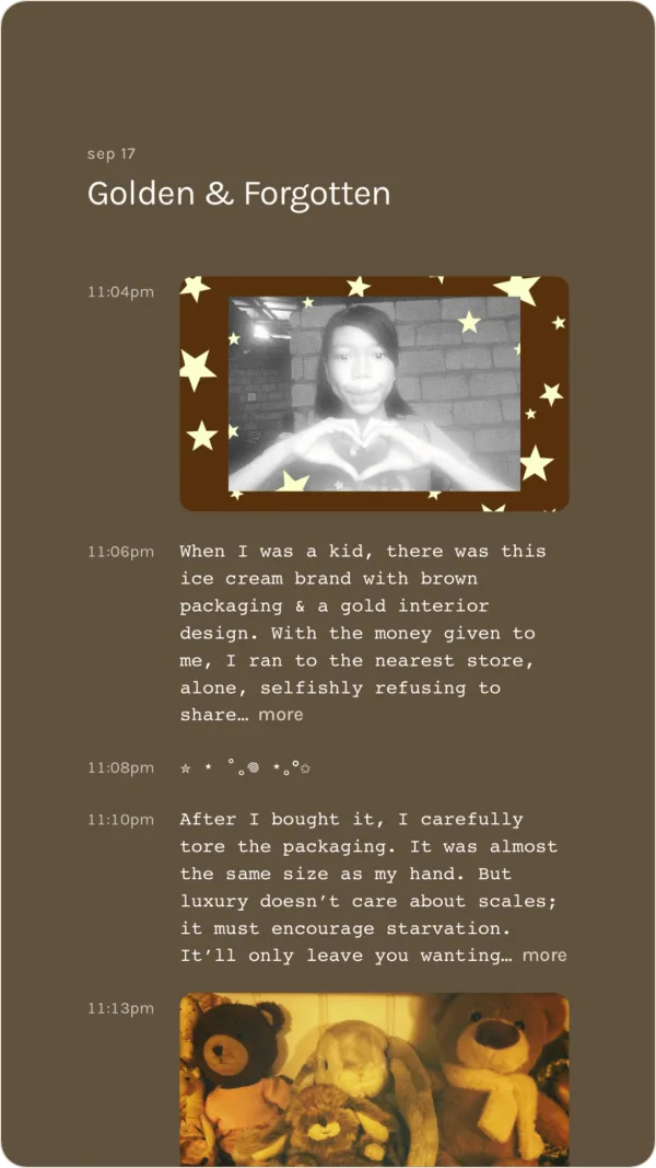 A shared note called Golden & Forgotten, with a star-framed childhood portrait and memories of a favorite ice cream.