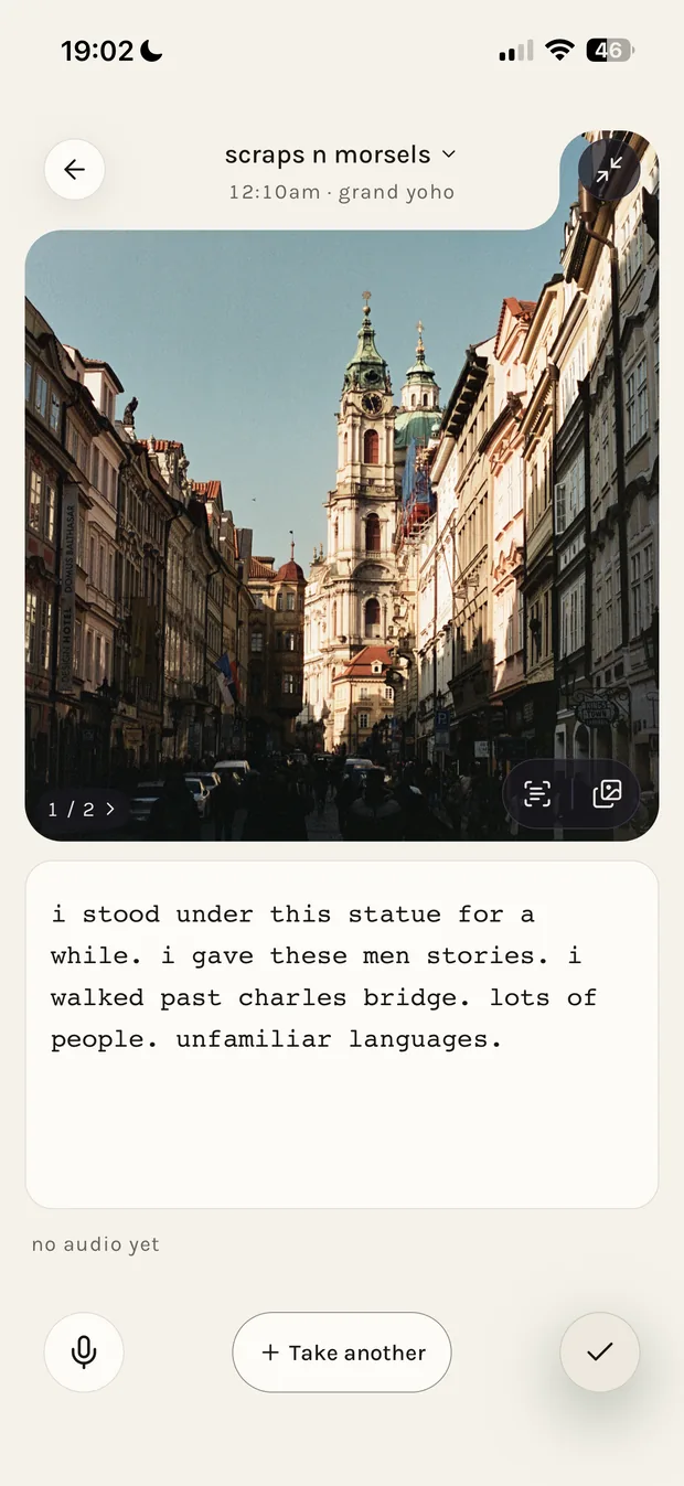A note open in footnotes: a photograph of a sunlit street above the typed entry that goes with it.
