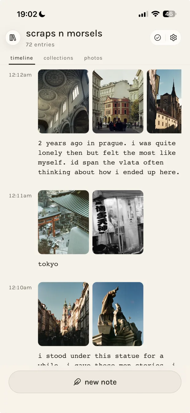 A notebook timeline, each entry stamped with the hour and sitting beside its photographs.