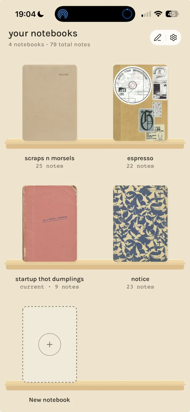 Your notebooks on their shelves, each with its own cover and a count of the notes inside.